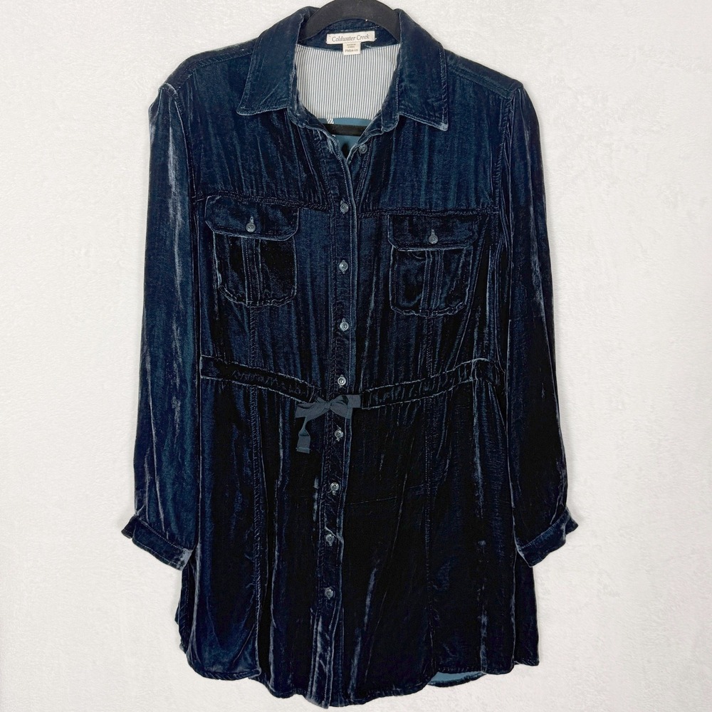 Coldwater Creek Silk Blend Velvet Tunic Shirt Teal Blue PM 10-12 Drawstring Tie - Picture 2 of 8
